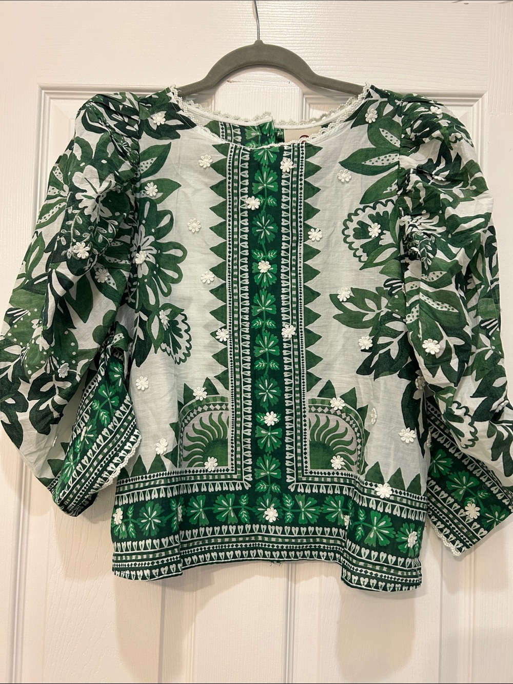 FARM Rio White and Green Floral Puff-Sleeve Blouse